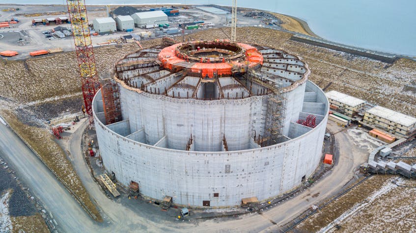 The West White Rose concrete gravity structure in December 2019 with all four of its lower quadrants in place. — Husky Energy
