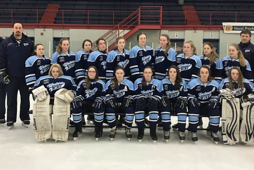 The Western Wind will represent P.E.I. at the Atlantic bantam AAA female hockey championship in Moncton, N.B. Play begins on Thursday and continues through until Sunday. Members of the Wind are, front row, from left: Emma Smallman, Abby Hustler, Josee Gallant, Hilarie Gaudet, Ally Hustler, Allie McHugh and Madison McHugh. Back row: Steve Dyer (assistant coach), Paul Campbell (head coach), Macy Hackett, Emma Dyer, Gracie Hackett, Tianna Gallant, Kyrsten Coyle, Keira MacKendrick, Kylie Campbell, Belle Ashley, Marley Gaudet, Katie Snow, Stephen Gaudet (assistant coach) and Robbie Gallant (manager).