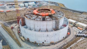 The West White Rose concrete gravity structure in December 2019 with all four of its lower quadrants in place. Husky Energy is reviewing the project's future. 
 — Husky Energy