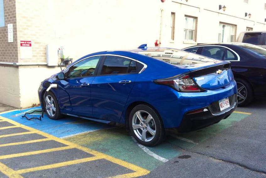 Our writer’s 2017 Chevrolet Volt plug-in hybrid electric vehicle gets a charge last winter.