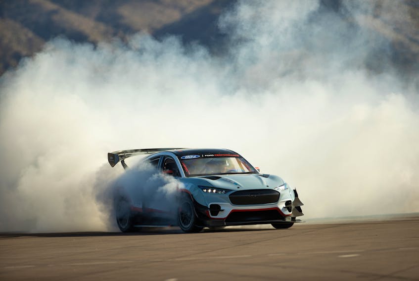 With seven electric motors, the Mustang Mach-E 1400 is a burnout machine. FORD HANDOUT
