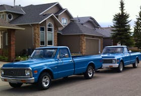 Chuck’s trucks: the original bodied 1971 Chevrolet C10 in front, with chrome bumpers, and the 1972 C10 at back, with white bumpers. Chuck Young Photo