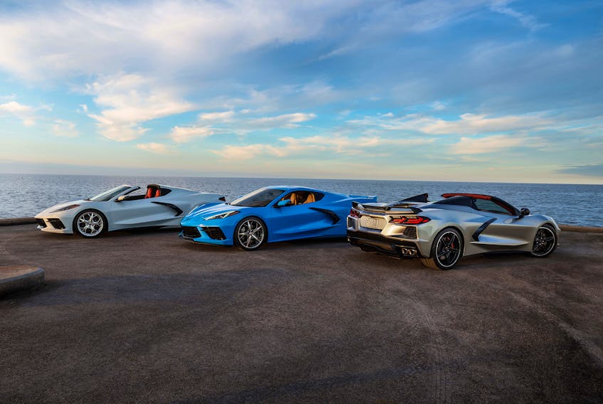Pictured are the 2021 Chevrolet Corvette Stingray Coupe and Convertible (far right in new Silver Flare Metallic). — Chevrolet