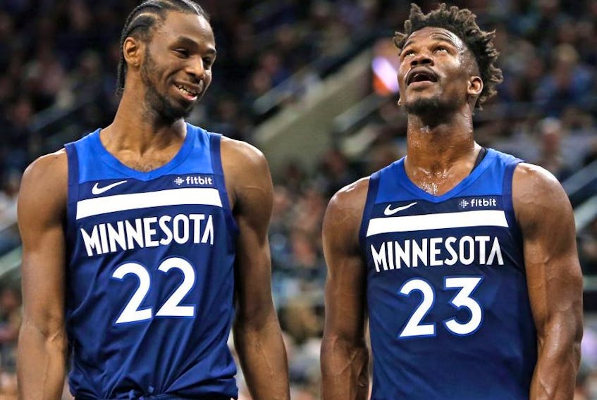 The Raptors take on Canadian Andrew Wiggins (left), Jimmy Buttler and the Minnesota Timberwolves tonight. (Getty images)