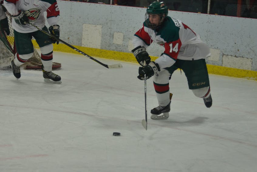 Chase Gaudette, 14, of Tignish scored two goals for the Kensington Monaghan Farms Wild on Saturday night. The Wild edged the Saint John Vitso 6-5 in a New Brunswick/P.E.I. Major Midget Hockey League game at Community Gardens.