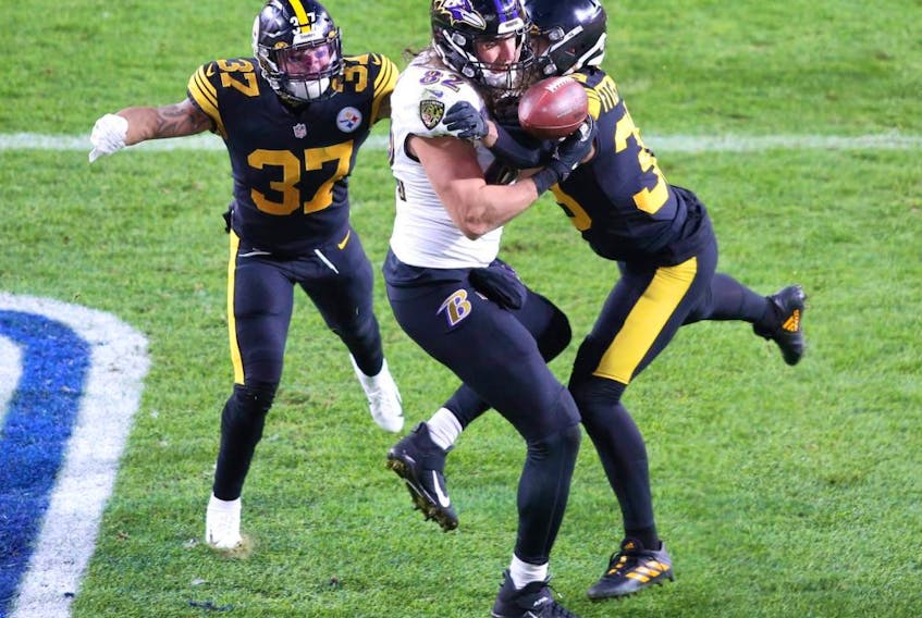 Pittsburgh Steelers free safety Minkah Fitzpatrick (39) breaks up a pass in the end-zone intended for Baltimore Ravens tight end Luke Willson (82) to end the first half at Heinz Field on Dec. 2, 2020.