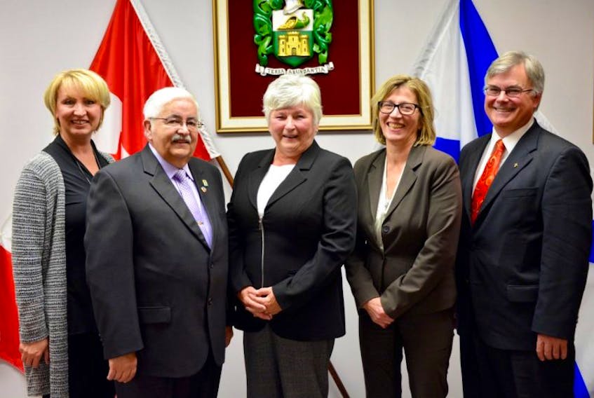 <p lang="en-US">The newly sworn in Windsor town council pose for a photo following the ceremony on Oct. 25, 2016. Pictured are, from left, Laurie Murley, John Bregante, Mayor Anna Allen, Shelley Bibby, and Jim Ivey.</p>