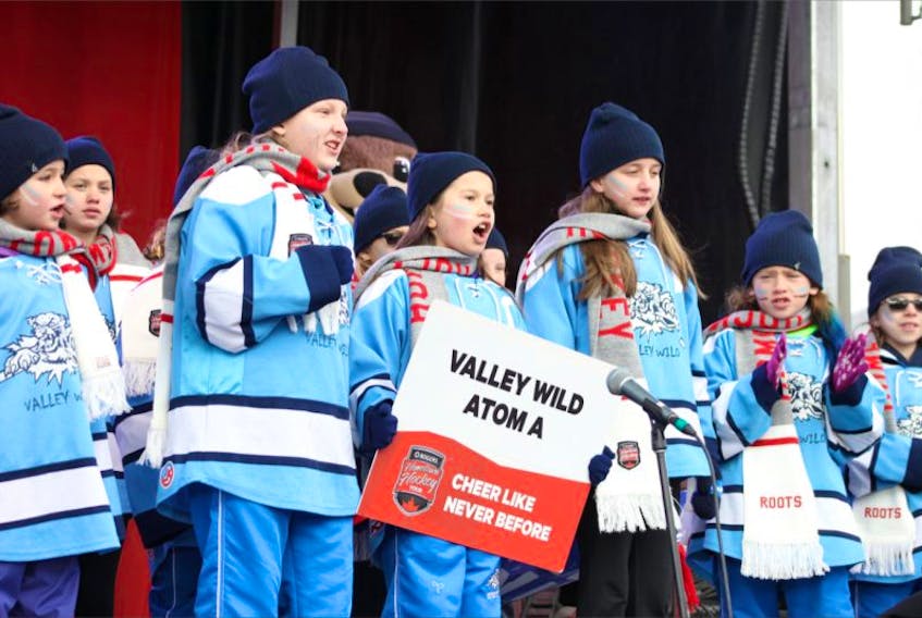 The Valley Wild atom A girls' hockey team competes as part of the Cheer Like Never Before competition on day two of the Rogers Hometown Hockey Tour in Wolfville. The team was judged the winners of the competition, and goes on to compete nationally.