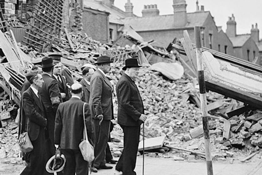  Winston Churchill visiting bomb-damaged areas of the East End of London, Sept. 8 1940.