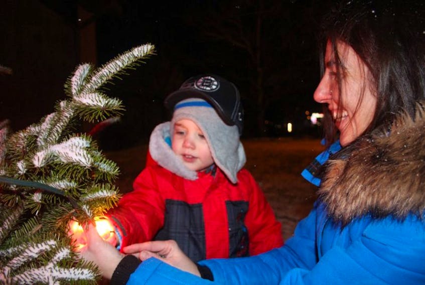 Jonah Perry (left) helped Children's Wish Foundation chapter member Cindy Primmer change a bulb from red to white on the RCMP Wish Tree.