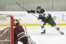 Kameron Kielly prepares to fire a shot on goal during his final game with the UPEI Panthers in February. He begins his pro career Saturday in the ECHL with the Allen Americans.