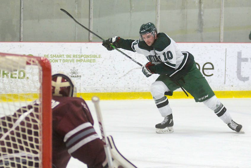 Kameron Kielly prepares to fire a shot on goal during his final game with the UPEI Panthers in February. He begins his pro career Saturday in the ECHL with the Allen Americans.