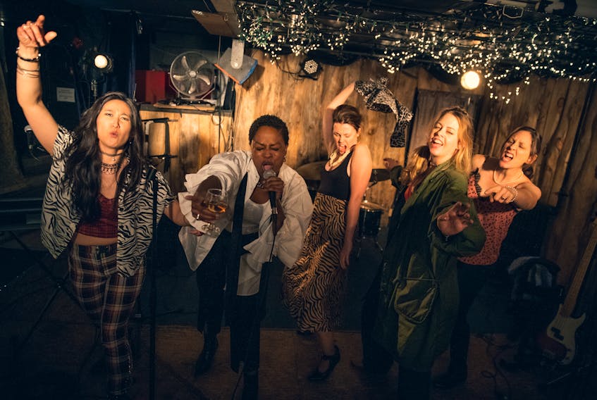 A scene from "Band Ladies," featuring characters (from left): Cindy (Vicki Kim), Chloe (Lisa Michelle Cornelius), Penny (Dana Puddicombe), Stephanie (Kirsten Rasmussen) and Marnie (Kate Fenton). -CONTRIBUTED PHOTO BY SAMANTHA FALCO