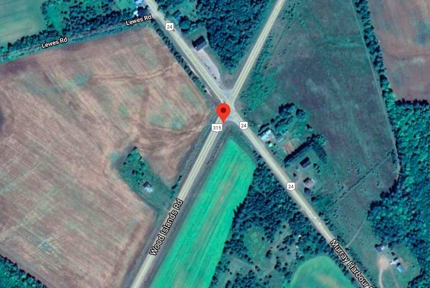 This Google maps satellite image shows the crossroads in Caledonia, P.E.I., where one resident estimates there have been at least 29 serious collisions in the last 40 years. 