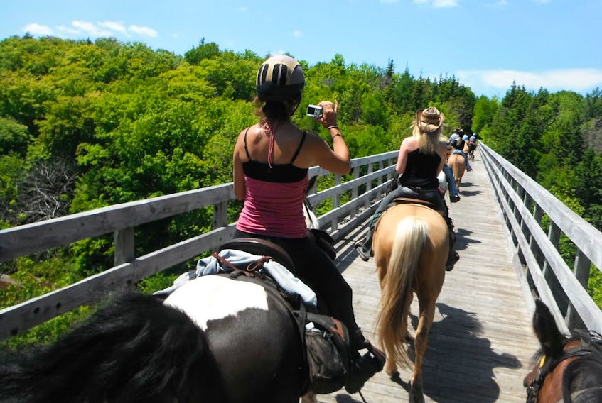 A group of equestrians rides together along the Celtic Shores Coastal Trail in Cape Breton, N.S.