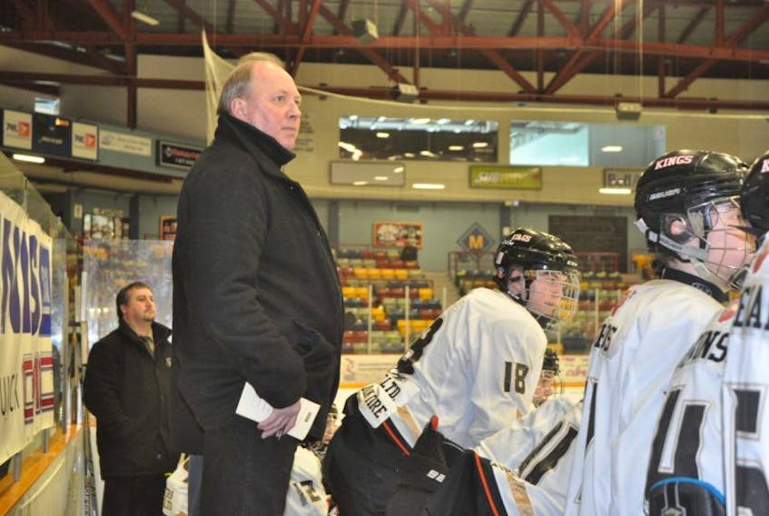 Angus Head is seen behind the bench of the Western Kings during a home game at the Corner Brook Civic Centre during the 2015-2016 Newfoundland and Labrador major midget hockey league season. The Town of Deer Lake is the new owner of the Kings franchise.