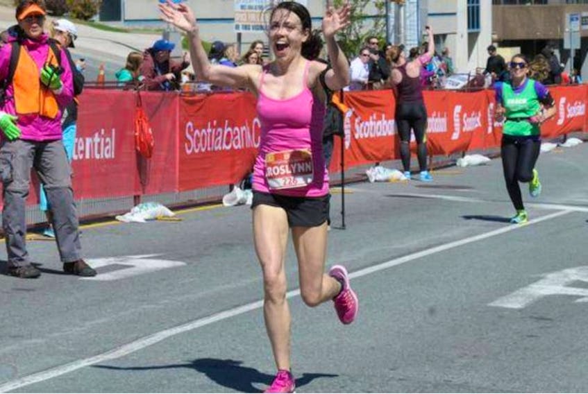 Roslynn Decker of Corner Brook, N.L. was the first woman to finish the full marathon during the Blue Nose Marathon on Sunday.