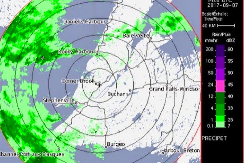This image from Environment Canada's website shows the precipitation approaching western Newfoundland Thursday afternoon.