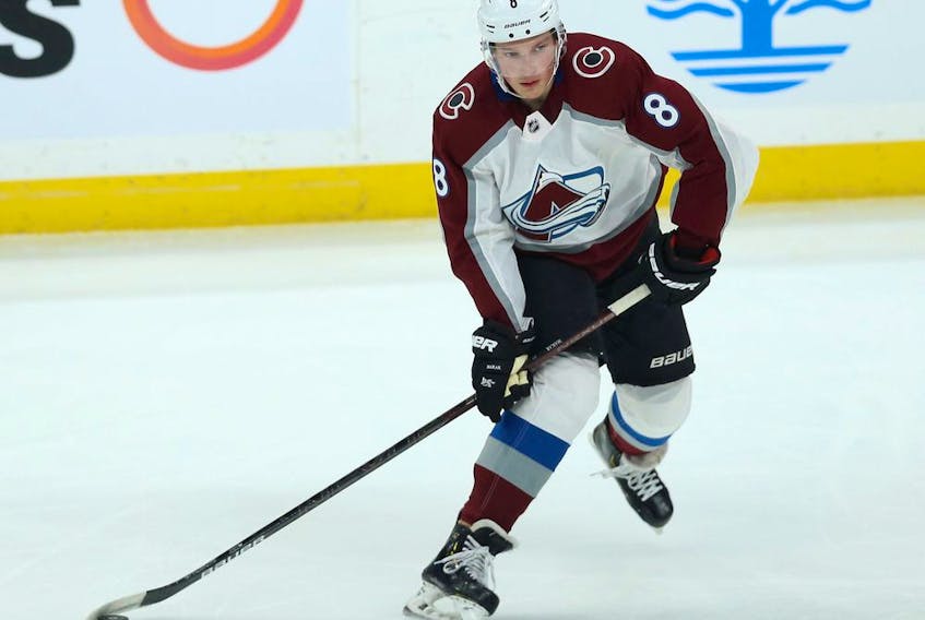 Colorado Avalanche defenceman Cale Makar snaps off a pass while facing the Winnipeg Jets in Winnipeg on Nov. 12, 2019. 