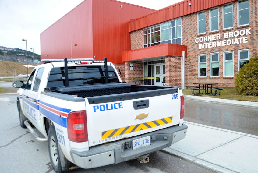 A police truck was parked outside of Corner Brook Intermediate High School following the discovery of a break and entry Monday morning.