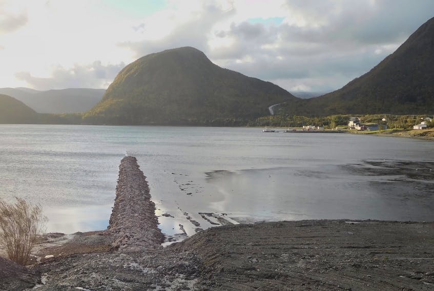 This image shows the rock berm covering a new and controversial sewer outfall in the town of Lark Harbour in the outer Bay of Islands.