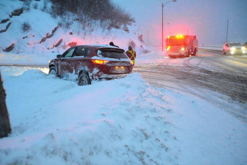 No one was hurt when the driver of this Mazda SUV lost control and wound up embedded in the snowbank at the intersection of the Lewin Parkway and Premier Drive in Corner Brook late Wednesday afternoon.