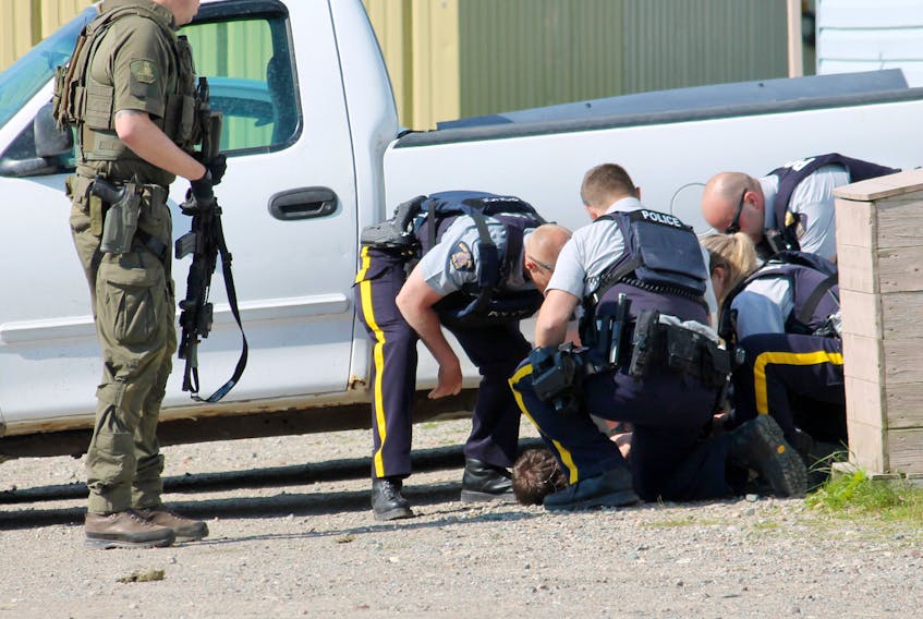 After giving himself up to police, a man who was barricaded inside a Stephenville Crossing home on Wednesday afternoon was taken to the ground by members of the Bay St. George RCMP and secured before being transported to hospital for assessment.