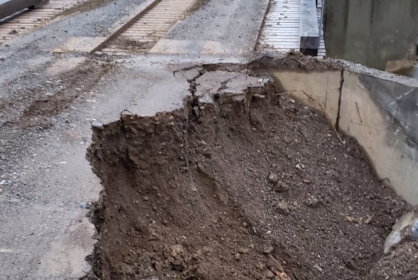 This section of the snowmobile trail at Goose Arm Brook Bridge washed away during this past weekend's storm after a piece of a armour stone placed moved. The armour stone was put there to repair damage caused by January's rainstorm. The trail was fixed again on Monday.