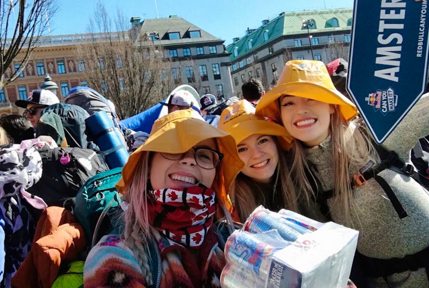 Armed with just backpacks and cans of Red Bull, three women from this province are in the midst of making their way across Europe as a part of the international Red Bull Can You Make It competition. The trio — featuring Laura Fillier (right) of Corner Brook along with Hare Bay's Myranda Bursey (left) and Mount Pearl's Cassidy Welsh — are attempting to make their way to Amsterdam in the Netherlands with only Red Bull to trade for lodging, transportation and meals. Known as the Biohazards and representing Memorial University, the group started in Stockholm, Sweden on April 10 and have until April 17 to reach their final destination. Here, the group display their Newfoundland roots near Gothenburg, Sweden with some colourful sou'wester hats.
