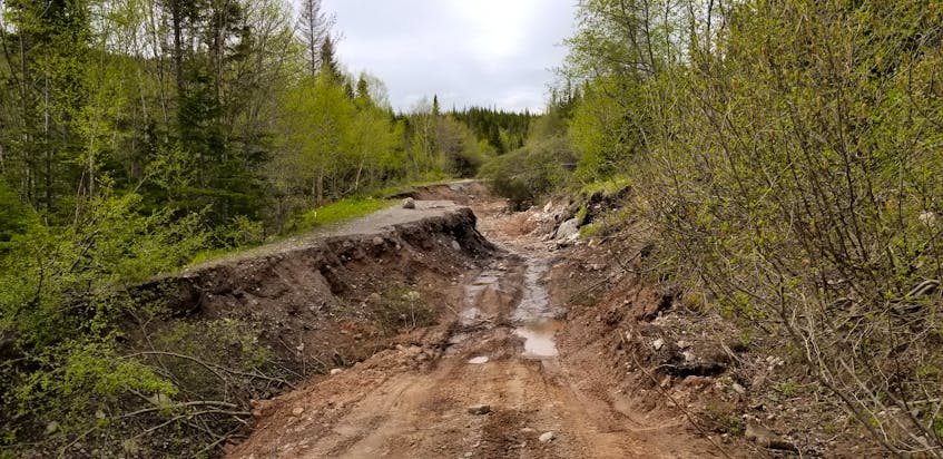 This heavily washed-out section of road in the Island Pond area of Goose Arm was among the hardest hit as a result of flooding during a major rainstorm in January.