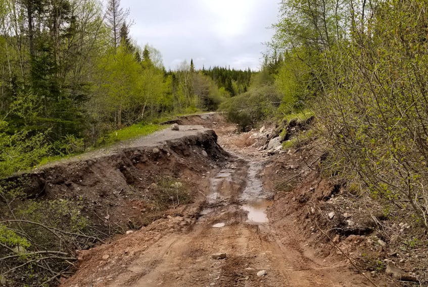 This heavily washed-out section of road in the Island Pond area of Goose Arm was among the hardest hit as a result of flooding during a major rainstorm in January.