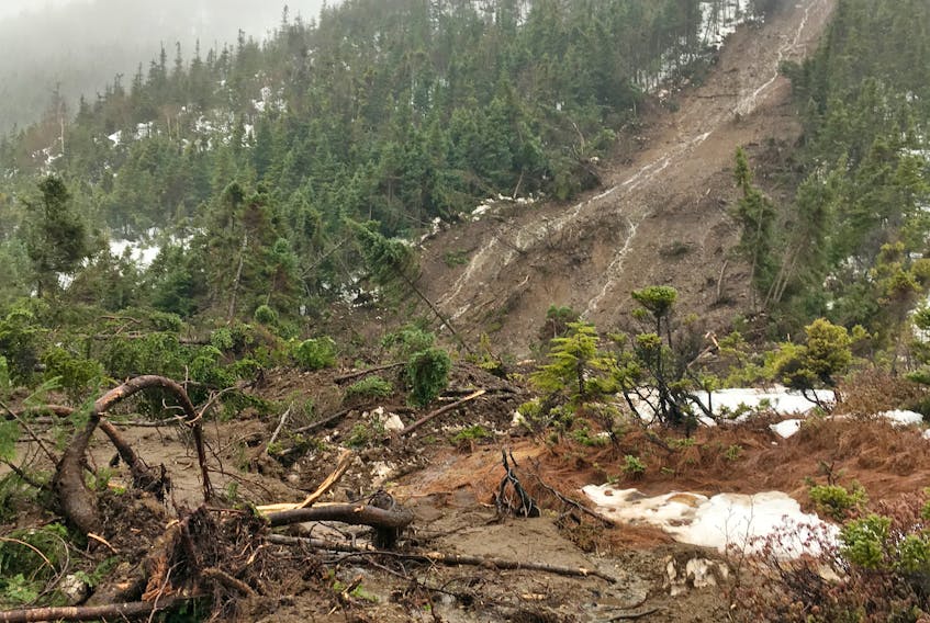This landslide, one of several in the Woody Point area, narrowly missed a home.