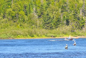 Salmon fishers are seen the Humber River in Steady Brook in this photo from July 2017.