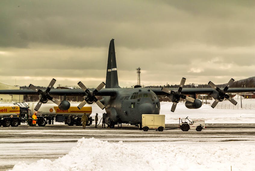 A U.S. Air Force C-130 Hercules aircraft is refuelleed at Stephenville airport on Saturday.