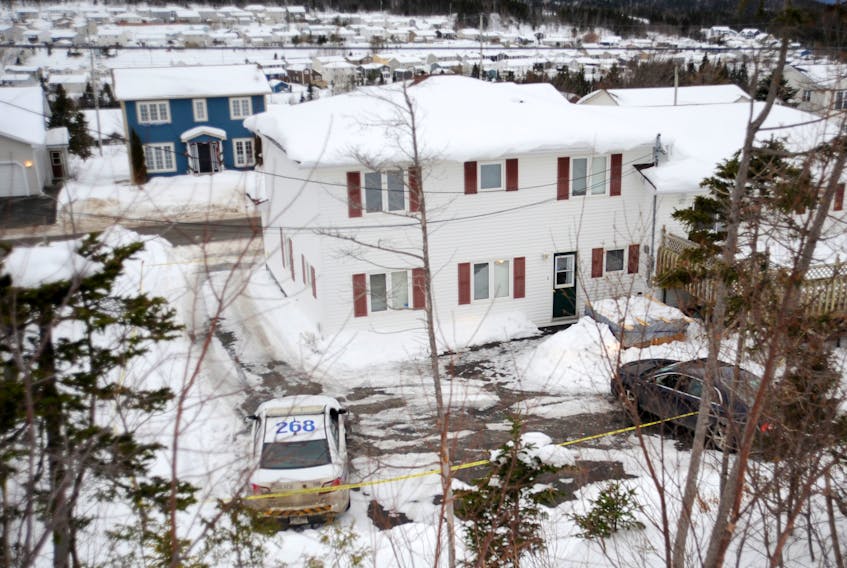 The entrance to the apartment at the rear of the home on Carriage Lane in Corner Brook where Jorden McKay was fatally shot by police Tuesday night. In the background is the Sunnyslope suburban neighbourhood of Corner Brook.