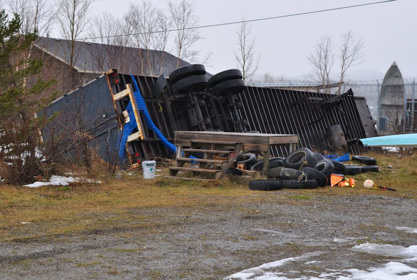 The Humber Valley Rowing Club’s storage trailer was tipped over in the high winds that hit the Corner Brook area overnight Wednesday.