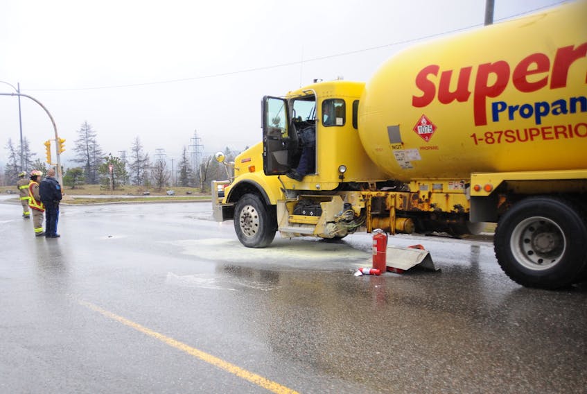 No one was hurt, but the situation could have been worse, when the undercarriage of this tanker truck carrying highly flammable propane caught fire on Confederation Drive in Corner Brook Monday morning.