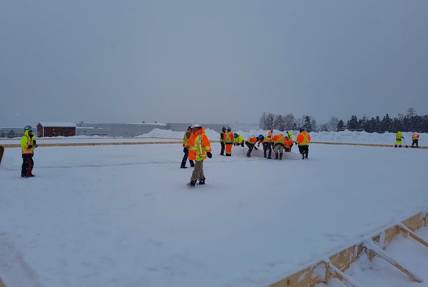 The City of Corner Brook’s public works team has been hard at work this week getting an outdoor rink ready for next week’s Scotiabank Hockey Day in Canada events. The rink is located behind Corner Brook Regional High. On Jan. 19 a first responders tournament will be played there and on Jan. 20 the Scotiabank Outdoor Classic Tournament, public skate, hockey clinics and the Scotiabank Community Hockeyfest will take place at the rink.