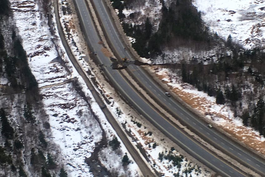 An aerial view of the highway washout near Little Rapids.