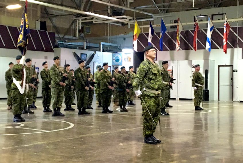 Lt.-Col. Mark Felix, centre, leads the Second Battalion of the Royal Newfoundland Regiment in parade after taking over as commanding officer at the Gallipoli Armoury in Corner Brook Saturday.