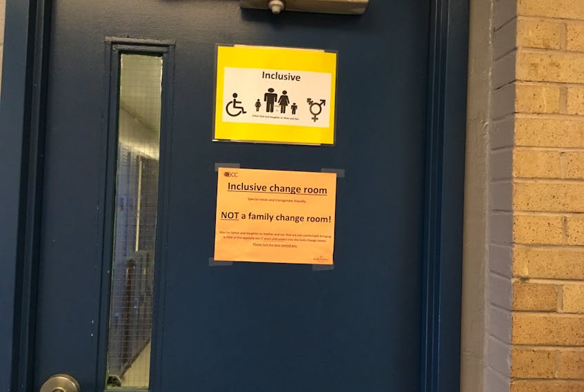 Two signs were recently posted on change rooms that had been available for general family use at the Corner Brook Arts and Culture Centre pool indicating they are now only available to people who fall into the categories of special needs, transgender or parents with their opposite sex children under the age of seven.