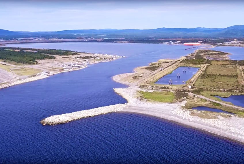 This aerial view shows the entrance to Port Harmon, with the port in the background near the Stephenville Industrial Facility.