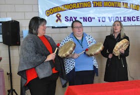 As part of the Bay St. George Status of Women Council National Day of Remembrance and Action on Violence Against Women, a group of drummers and singers from the Newfoundland Aboriginal Women’s Network performed the “Strong Women’s Song” prior to the candlelight vigil that was held.