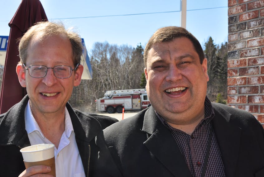 Grenfell Campus vice-president Jeff Keshen, left, and Mayor Jim Parsons say the university is being considered as a site a new aquatic and community centre in Corner Brook.