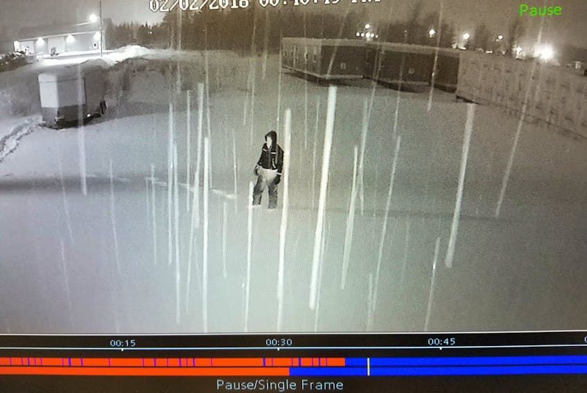 This image taken from security camera footage allegedly shows a person believed to have stolen a quantity of construction tools from a utility trailer belonging to Mike Kelly and Sons Ltd.’s office in Deer Lake.