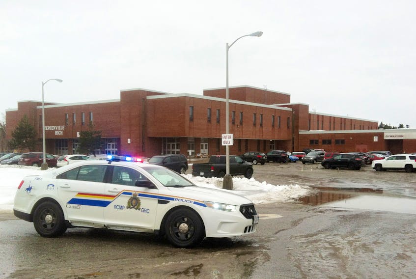 An RCMP vehicle outside Stephenville High School during a recent lockdown.