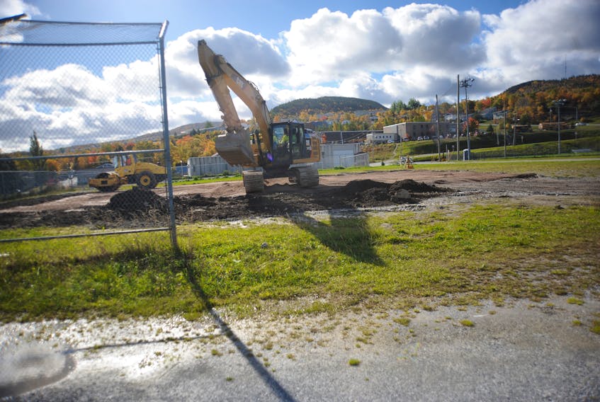 Work to relocate Corner Brook’s skateboard park to this site on Wellington Street is on hold, pending city’s final approval of the project. Heavy equipment is seen here layering subgrade composite on the proposed new location.