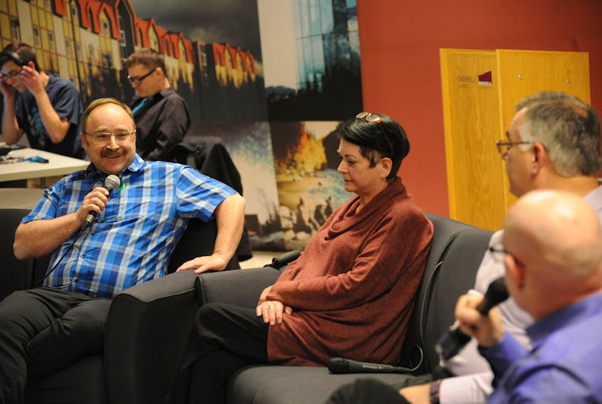 Frank Skeard, left, Qalipu Mi’kmaq First Nation Band’s ward councillor for Glenwood, chats during the live broadcast of “Mi’kmaq Matters” from Grenfell Campus, Memorial University. Also taking part were, from left, Suzanne Barry, former president of the Newfoundland Aboriginal Women’s Network, former Corner Brook mayor Charles Pender and host Glenn Wheeler.