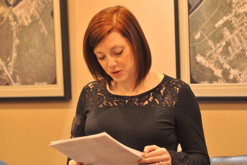 Coun. Amanda Freake reads the Town of Deer Lake’s 2019 budget during a council meeting at the town office on Monday night.