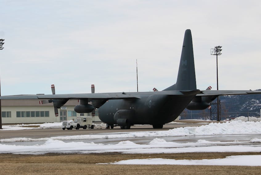 A Canadian military C-130 Hercules aircraft is seen on the apron in front of Stephenville airport on Tuesday afternoon.